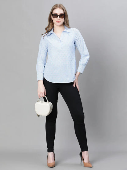 Women Blue Floral Print Long Sleeve Collared Cotton Top