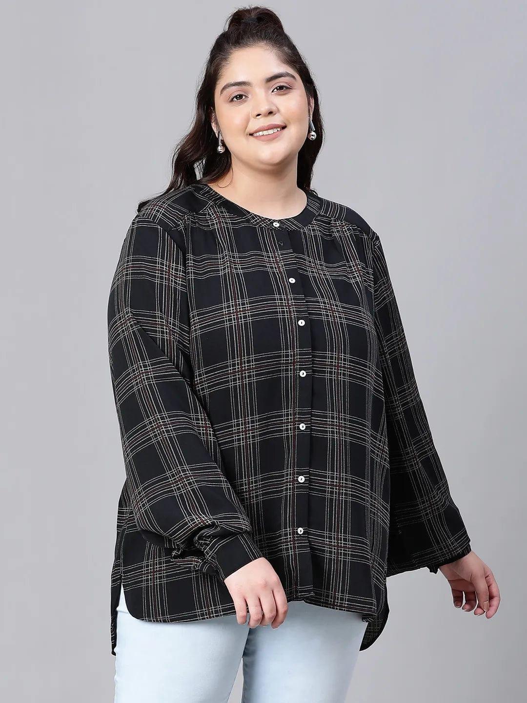 Stately Black Check Print Full Sleeve Plus Size Shirt