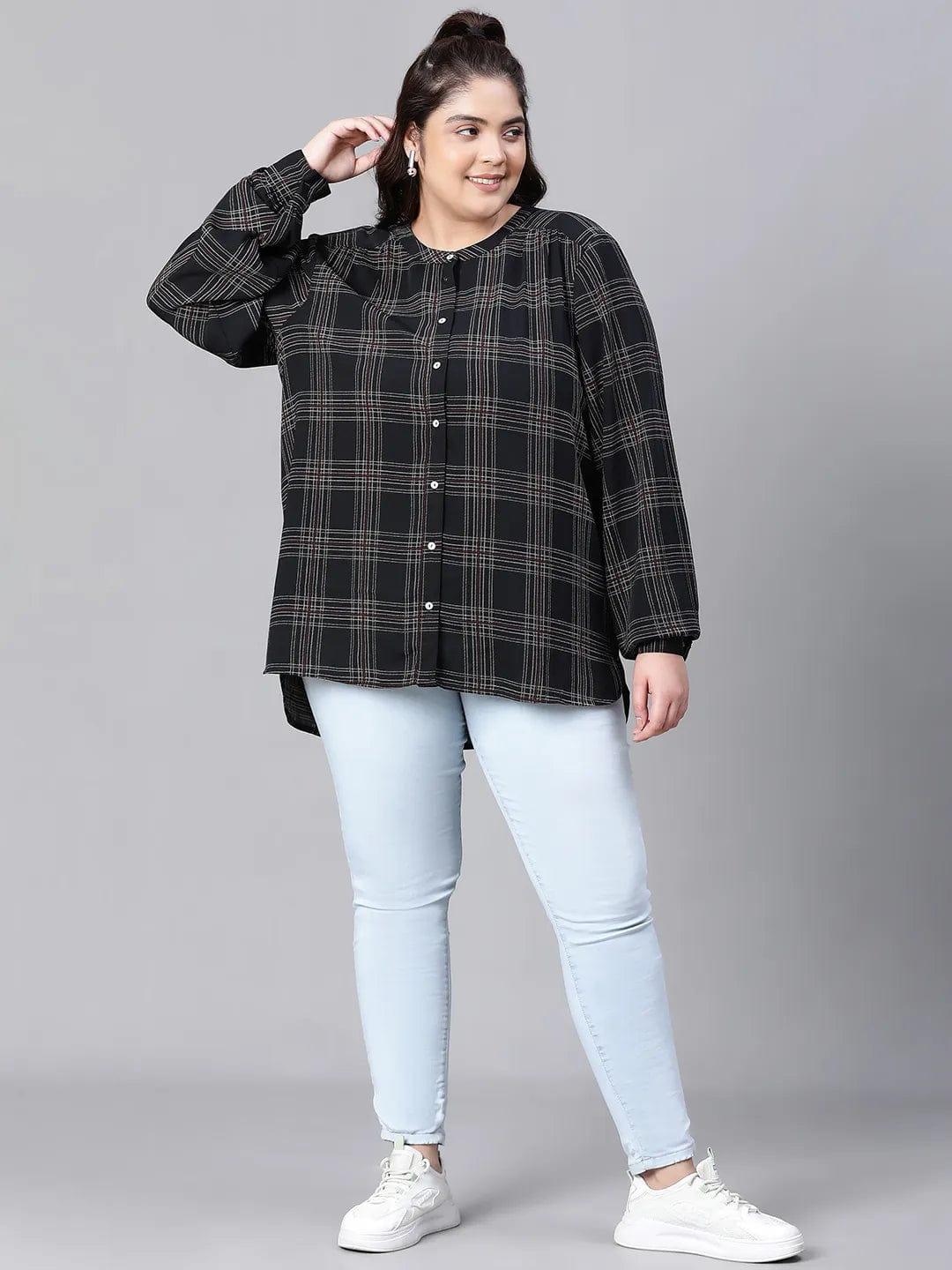 Stately Black Check Print Full Sleeve Plus Size Shirt