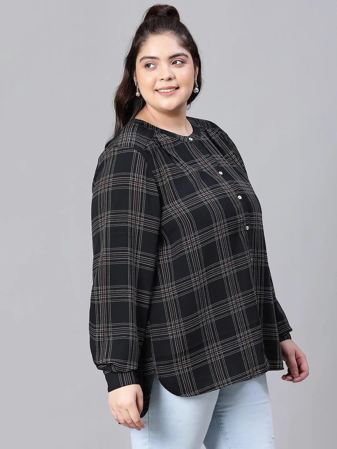 Stately Black Check Print Full Sleeve Plus Size Shirt