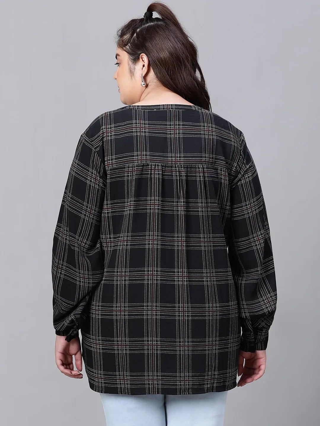 Stately Black Check Print Full Sleeve Plus Size Shirt