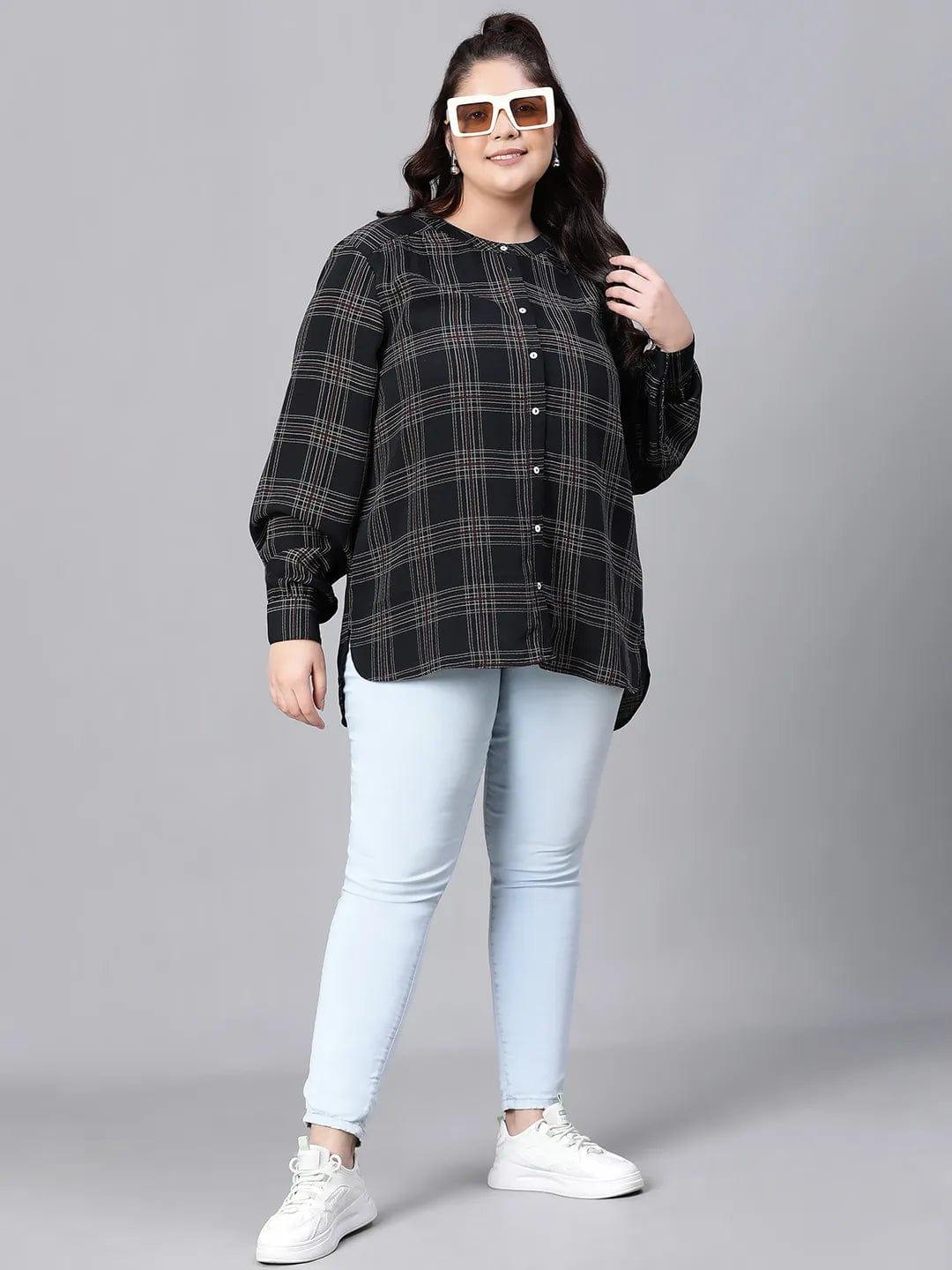 Stately Black Check Print Full Sleeve Plus Size Shirt