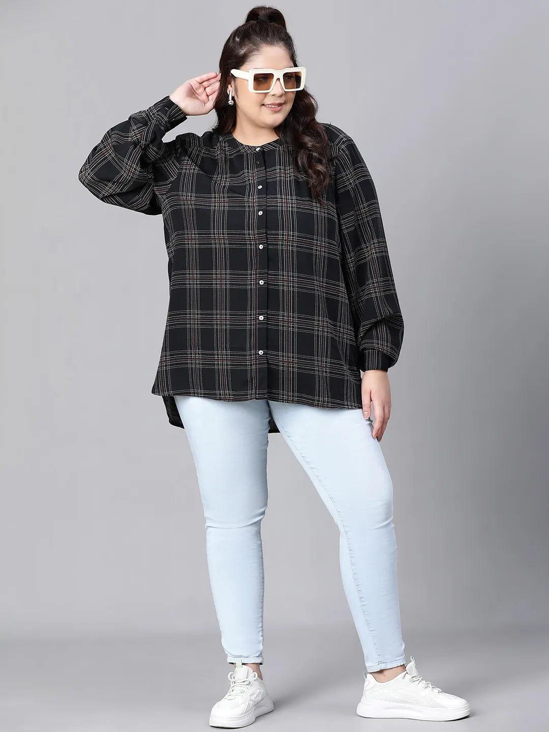 Stately Black Check Print Full Sleeve Plus Size Shirt