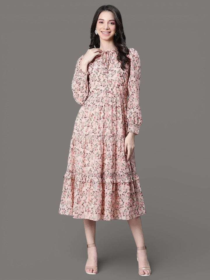 Peach Floral Maxi Dress - Elasticated Waist Flare Lurex Print Dress For Women