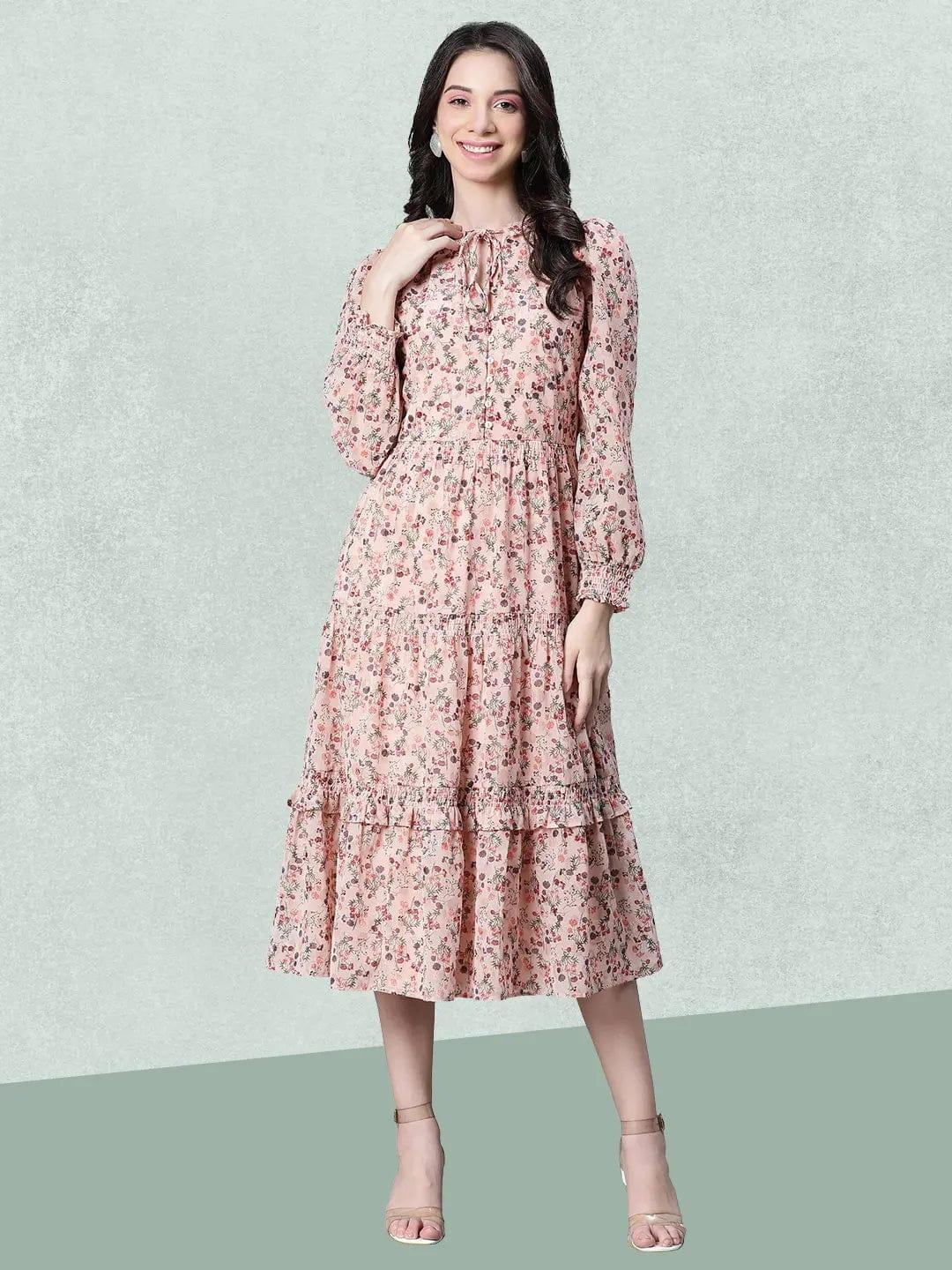 Peach Floral Lurex Print Elasticated Flare Maxi Dress For Women Dress