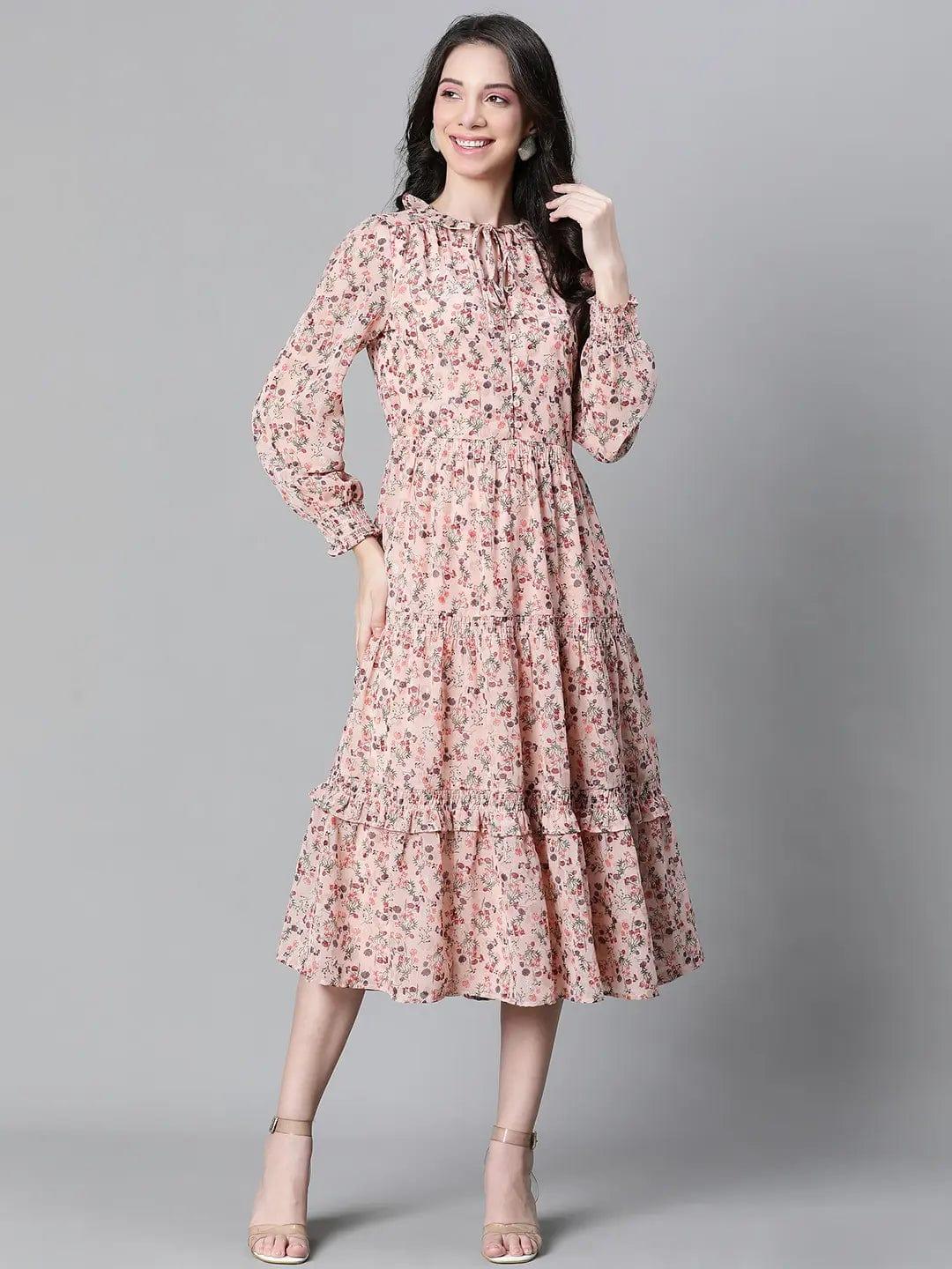 Peach Floral Lurex Print Elasticated Flare Maxi Dress For Women Dress