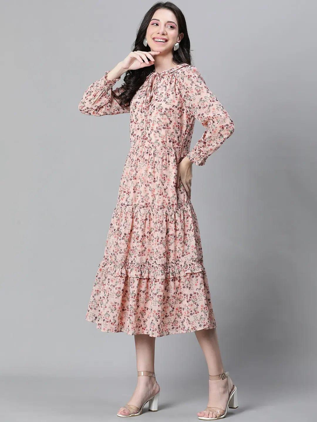 Peach Floral Lurex Print Elasticated Flare Maxi Dress For Women Dress