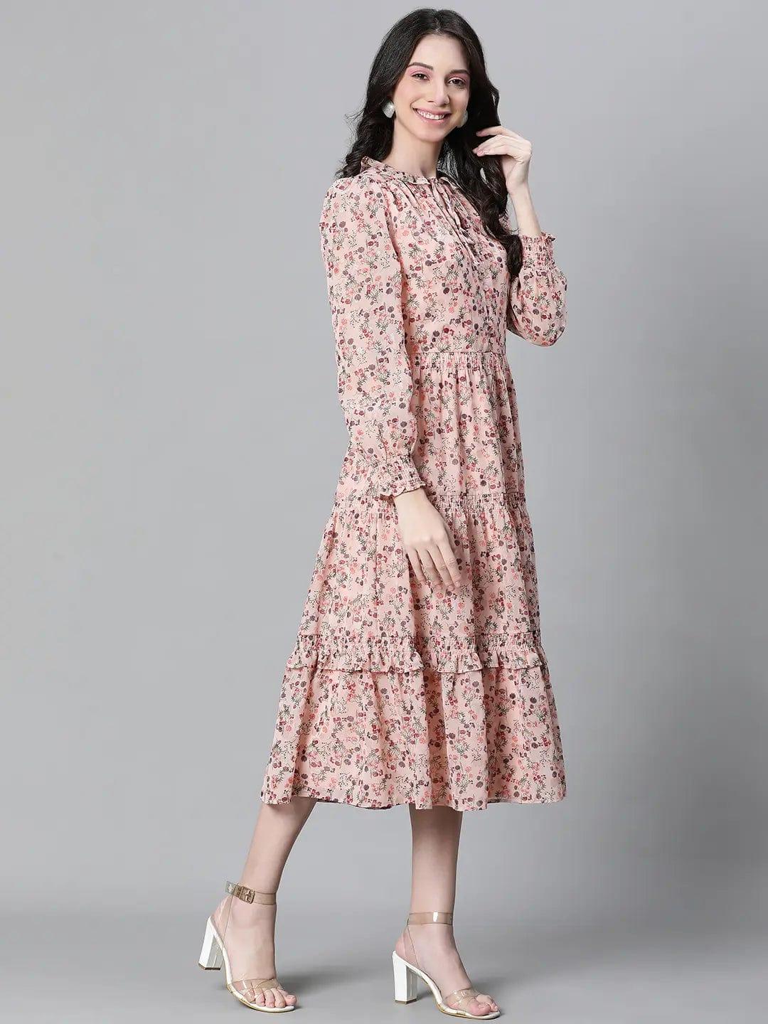 Peach Floral Lurex Print Elasticated Flare Maxi Dress For Women Dress