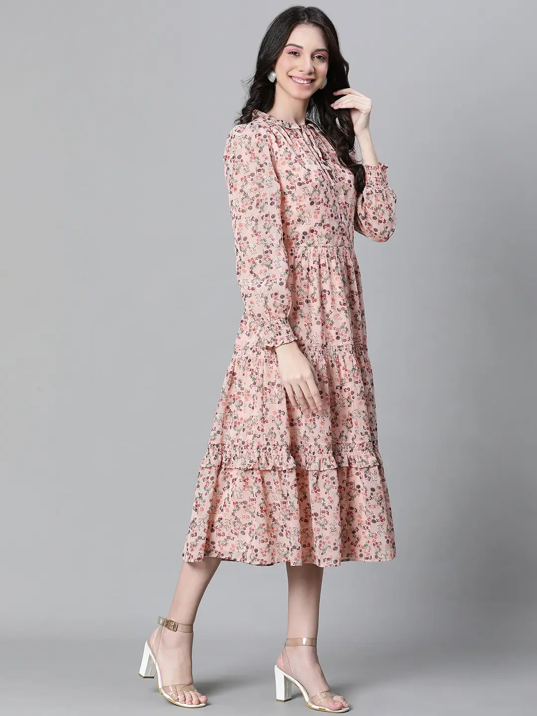 Peach Floral Lurex Print Elasticated Flare Maxi Dress For Women