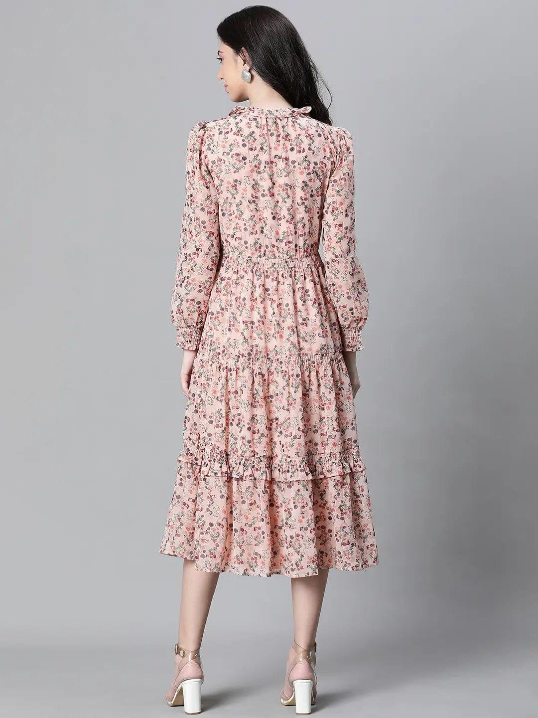 Peach Floral Lurex Print Elasticated Flare Maxi Dress For Women Dress