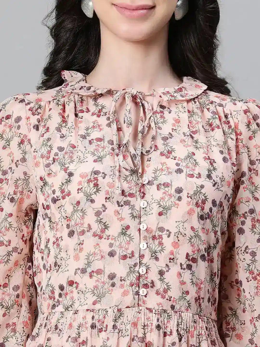 Peach Floral Lurex Print Elasticated Flare Maxi Dress For Women Dress