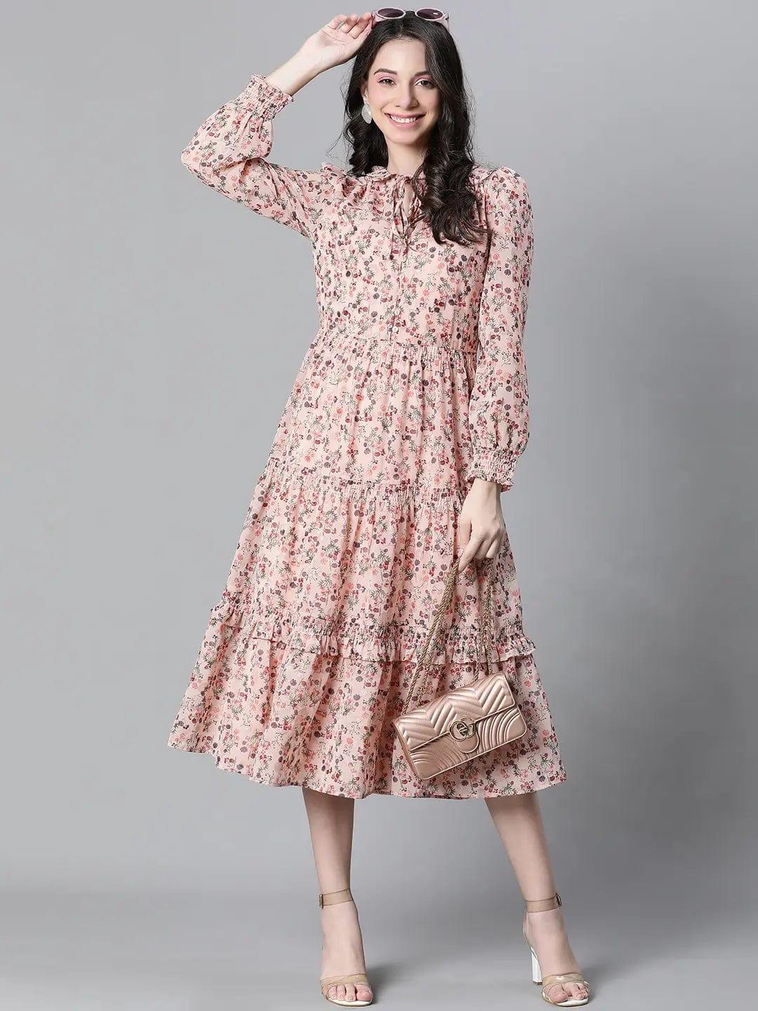 Peach Floral Lurex Print Elasticated Flare Maxi Dress For Women Dress