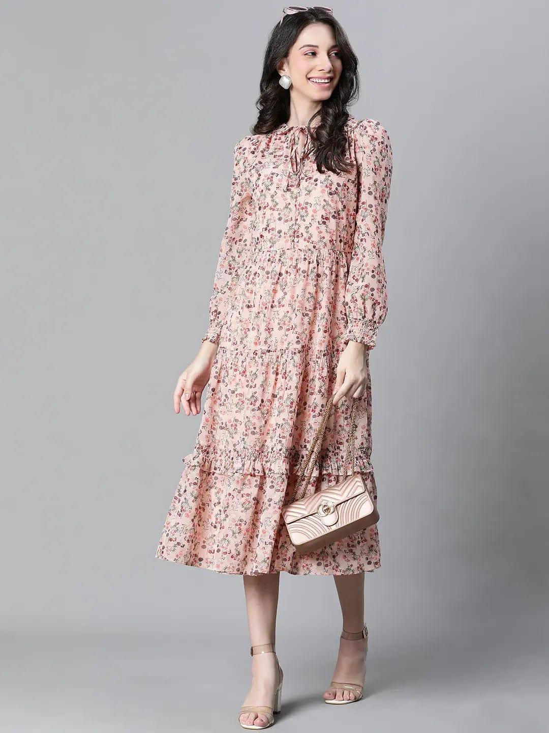 Peach Floral Lurex Print Elasticated Flare Maxi Dress For Women Dress