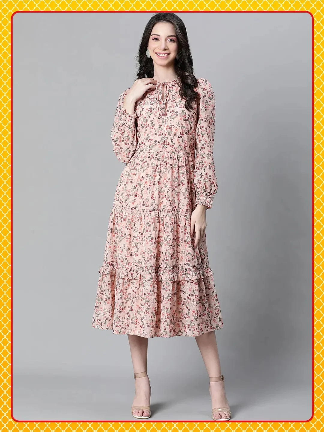 Peach Floral Lurex Print Elasticated Flare Maxi Dress For Women Dress