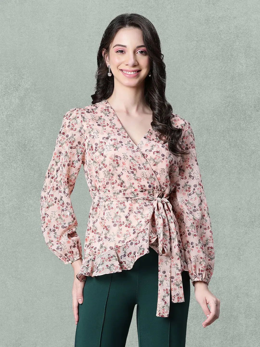 Pastel Peach Floral Lurex Print Tie-Knot Belted Party Top