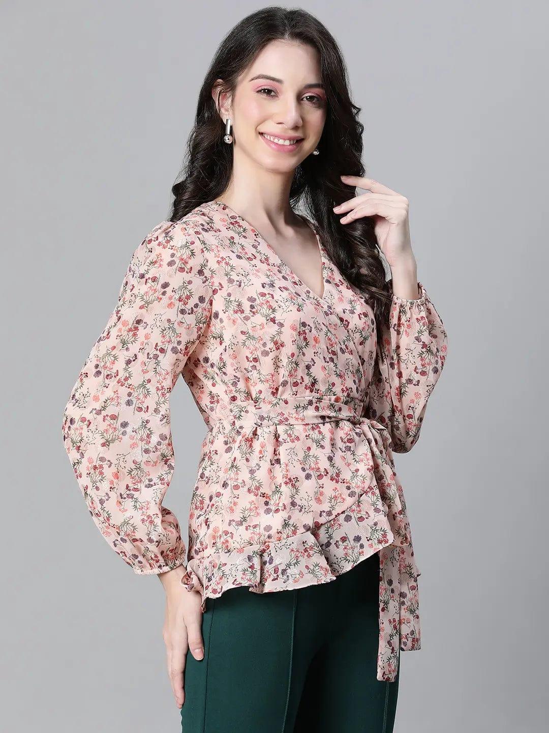 Pastel Peach Floral Lurex Print Tie-Knot Belted Party Top