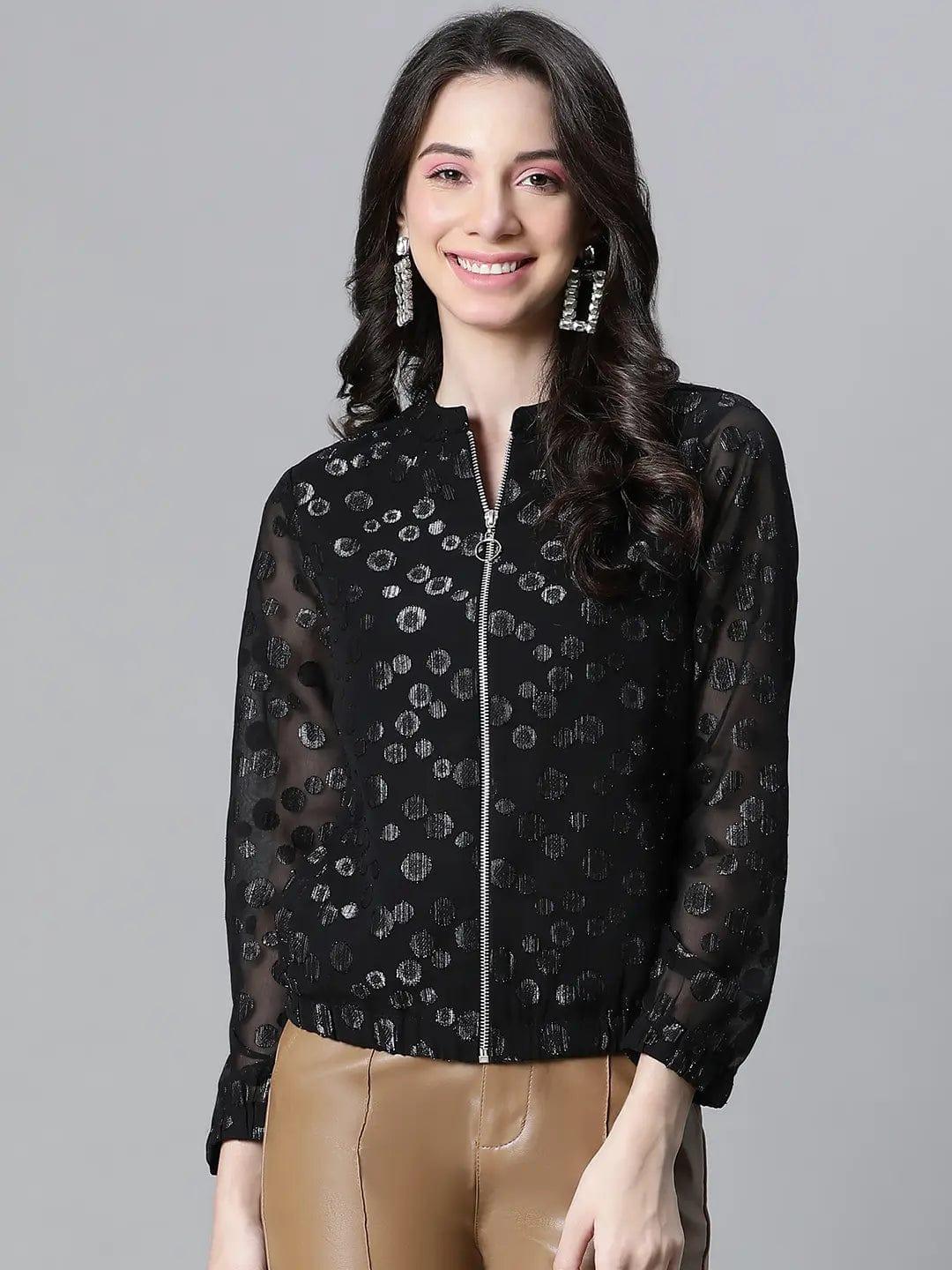 Women Black Lurex Print Round Neck Zip Lined Long Sleeve Bomber Jacket