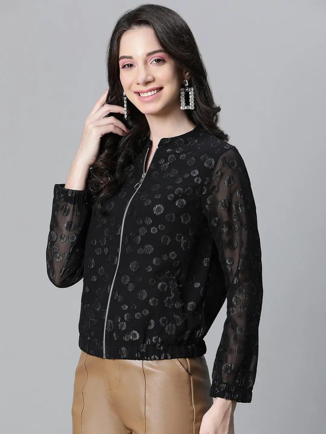 Women Black Lurex Print Round Neck Zip Lined Long Sleeve Bomber Jacket