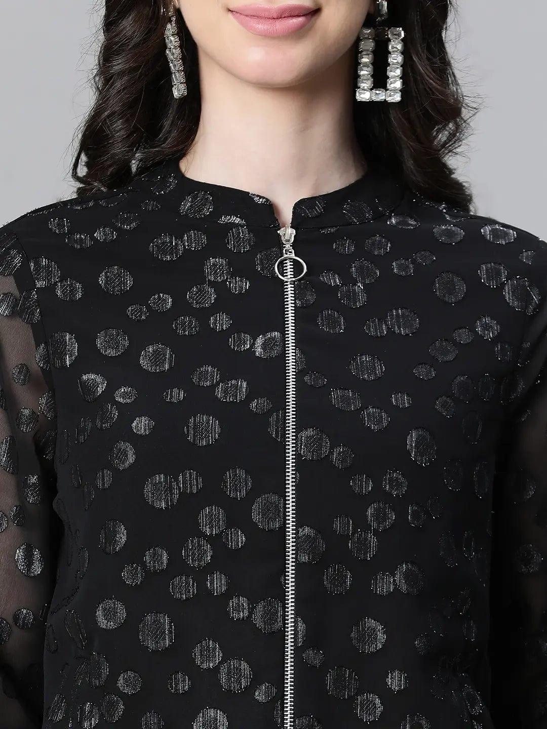 Women Black Lurex Print Round Neck Zip Lined Long Sleeve Bomber Jacket