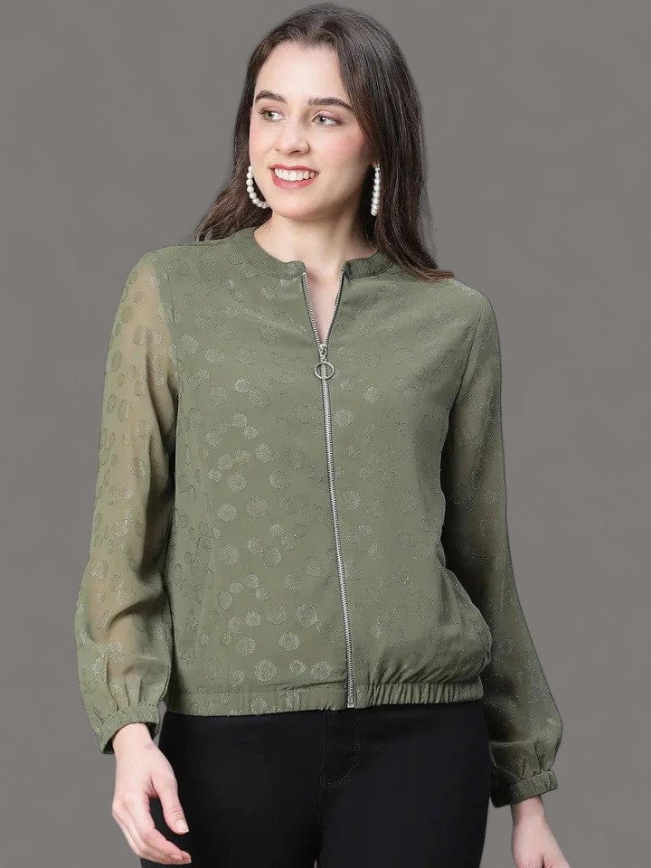 Women Green Lurex Print Long Sleeve Round Neck Zip Lined Jacket
