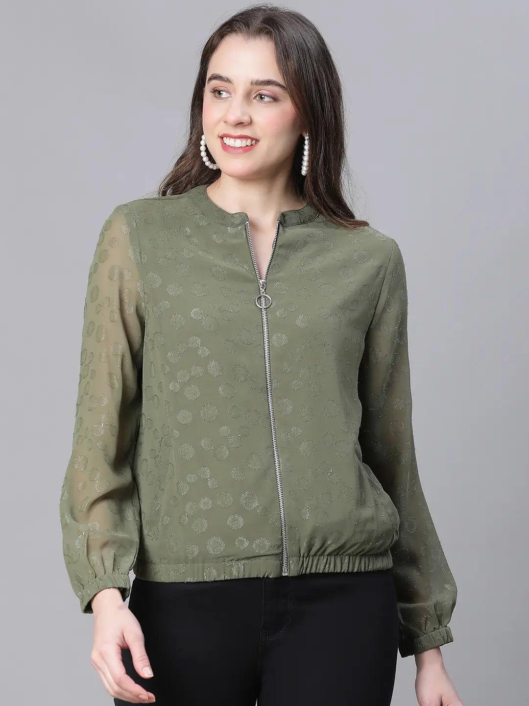 Women Green Lurex Print Long Sleeve Round Neck Zip Lined Jacket