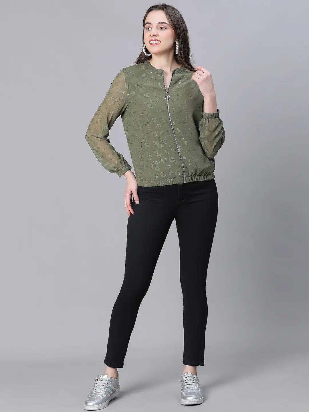 Women Green Lurex Print Long Sleeve Round Neck Zip Lined Jacket