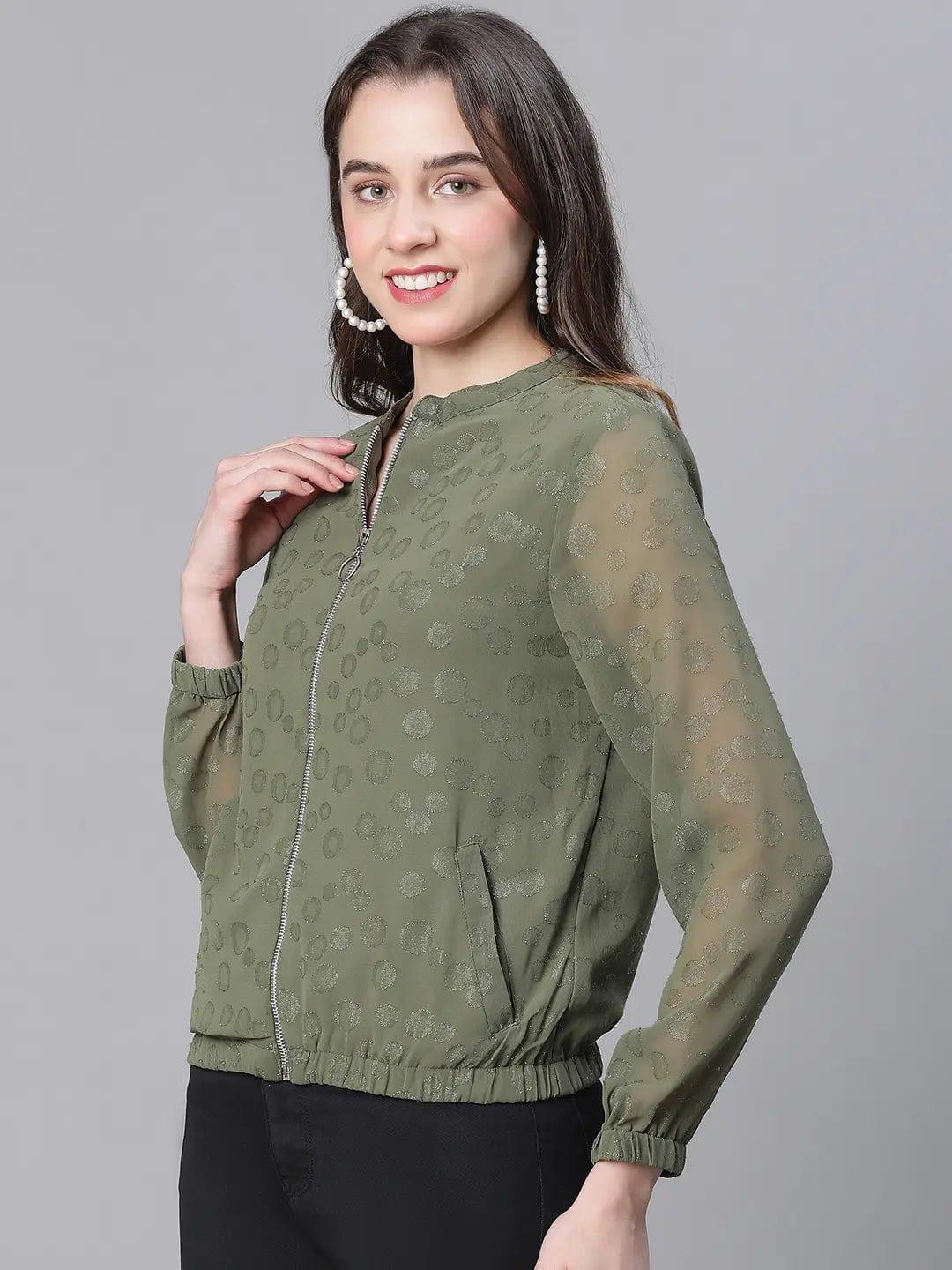 Women Green Lurex Print Long Sleeve Round Neck Zip Lined Jacket