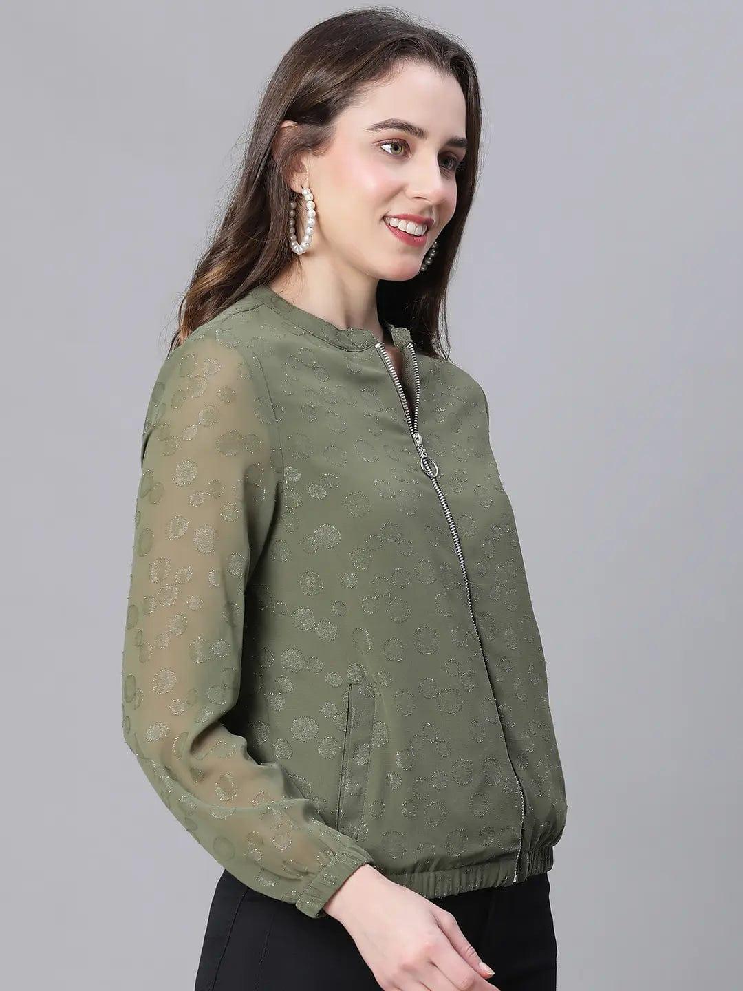 Women Green Lurex Print Long Sleeve Round Neck Zip Lined Jacket