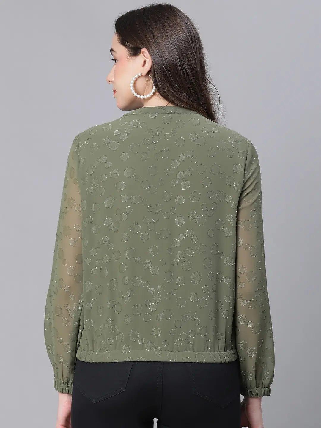 Women Green Lurex Print Long Sleeve Round Neck Zip Lined Jacket