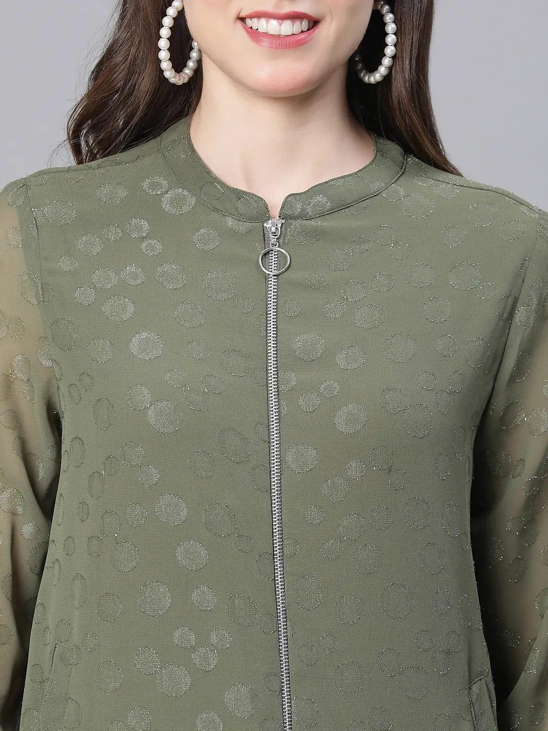 Women Green Lurex Print Long Sleeve Round Neck Zip Lined Jacket