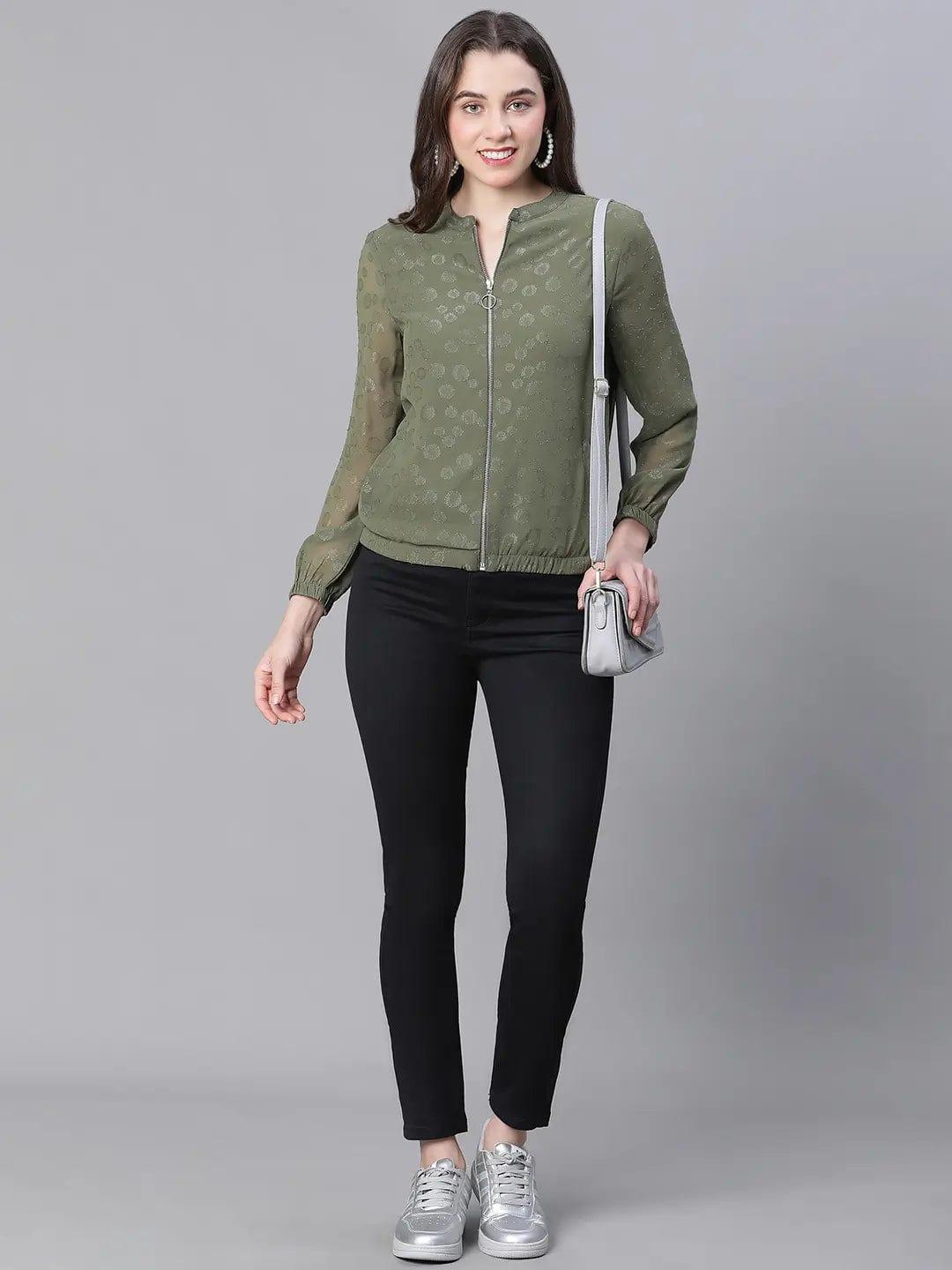 Women Green Lurex Print Long Sleeve Round Neck Zip Lined Jacket