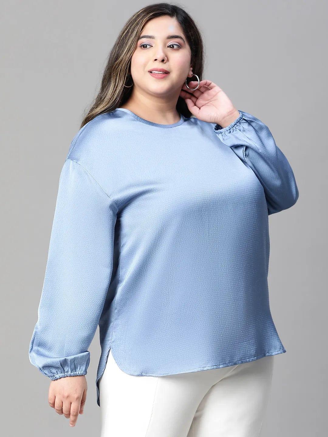 Interesting Blue Long Sleeve Plus Size Women Loopy Top