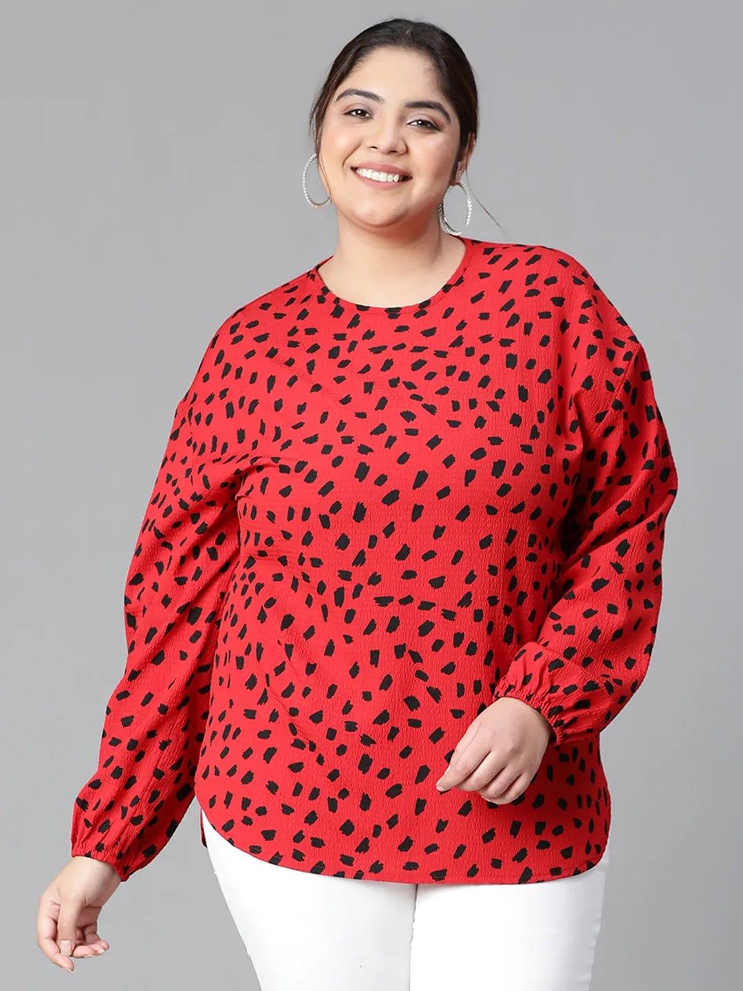 Fascinated Red Animal Print Long Sleeve Plus Size Women Loopy Top