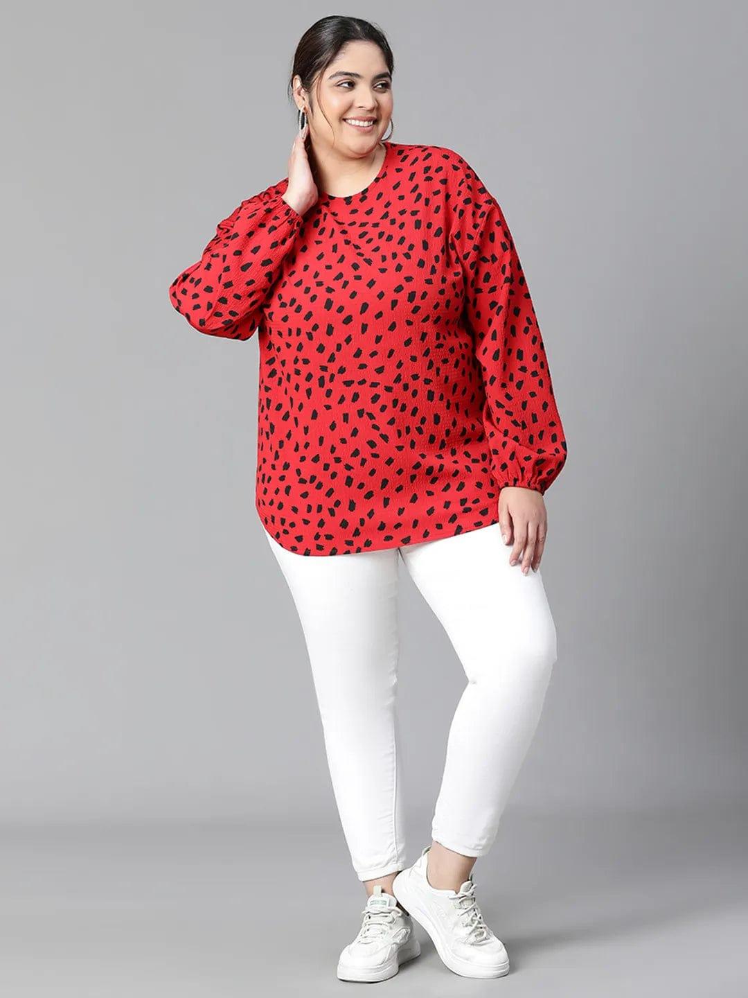 Fascinated Red Animal Print Long Sleeve Plus Size Women Loopy Top