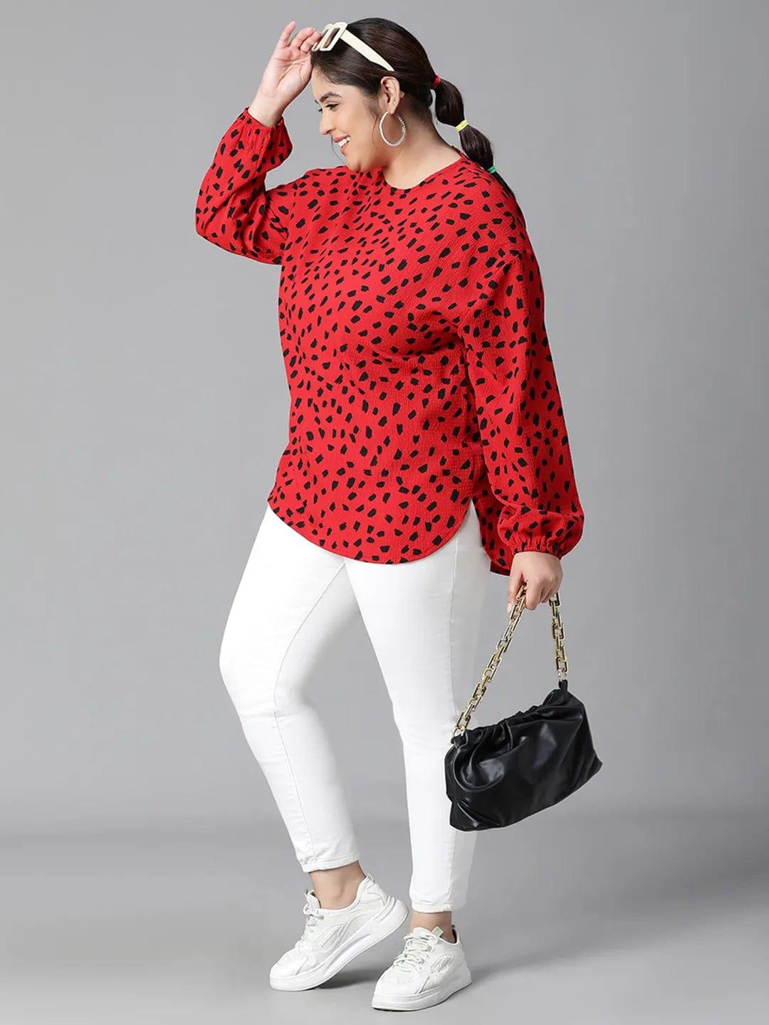 Fascinated Red Animal Print Long Sleeve Plus Size Women Loopy Top