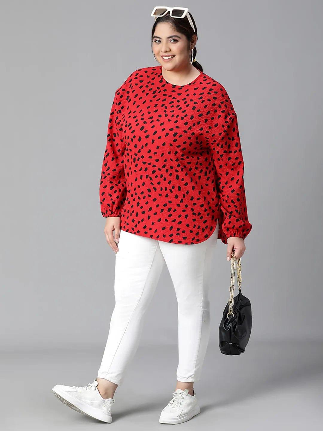 Fascinated Red Animal Print Long Sleeve Plus Size Women Loopy Top