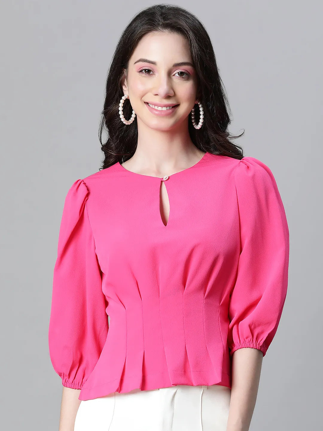 Fuchsia Keyhole Neck Pleated Top For Stylish Women Today