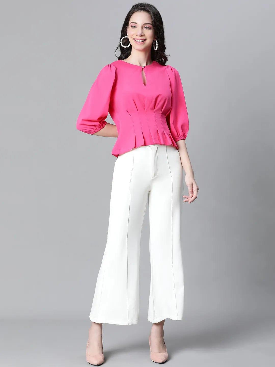 Fuchsia Keyhole Neck Pleated Top For Stylish Women Today