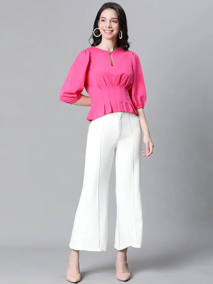 Fuchsia Keyhole Neck Pleated Top For Stylish Women Today