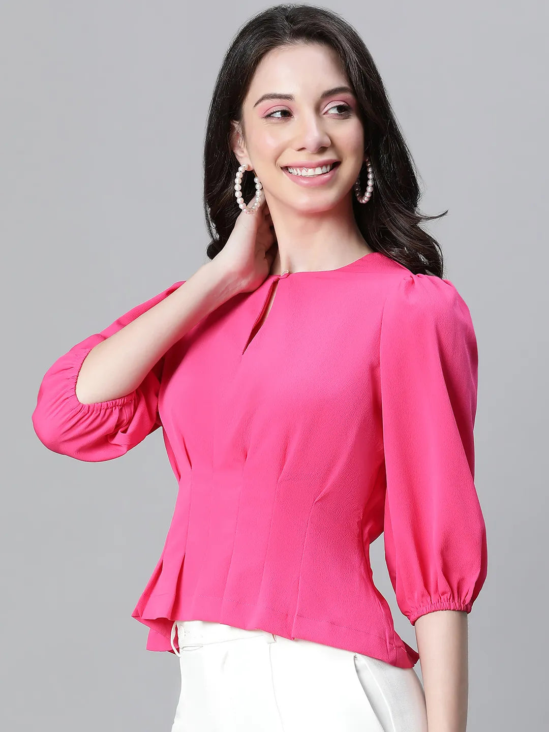 Fuchsia Keyhole Neck Pleated Top For Stylish Women Today