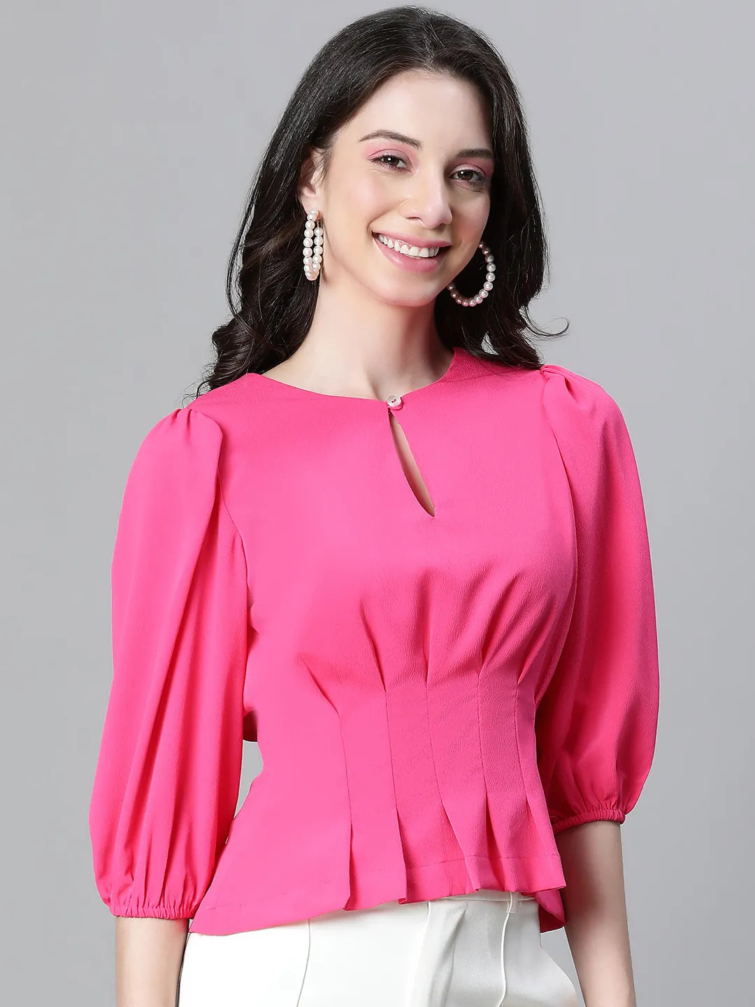 Fuchsia Keyhole Neck Pleated Top For Stylish Women Today