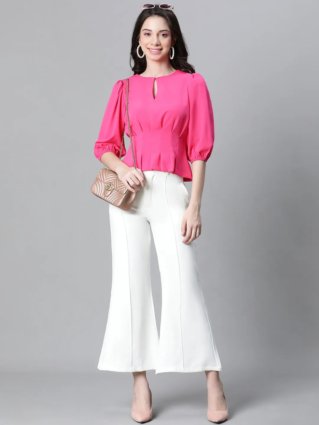 Fuchsia Keyhole Neck Pleated Top For Stylish Women Today