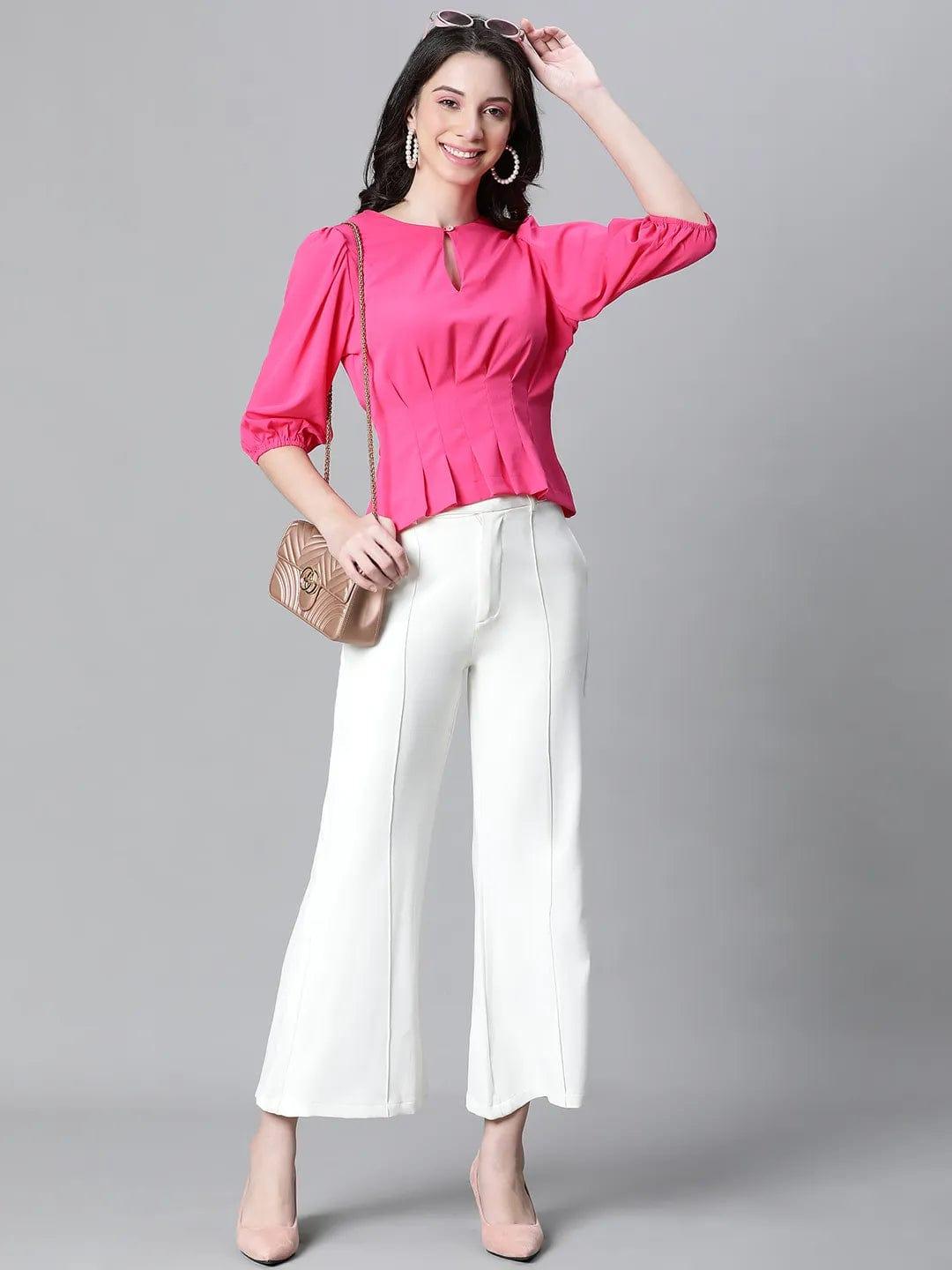 Fuchsia Keyhole Neck Pleated Top For Stylish Women Today