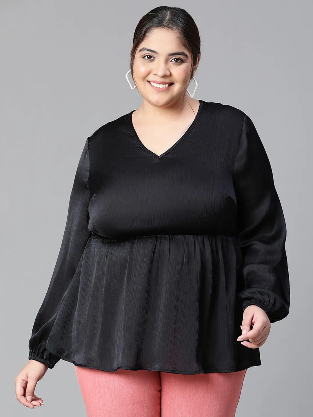 Polished Black V-neck Long Sleeve Plus Size Women Satin Loopy Top