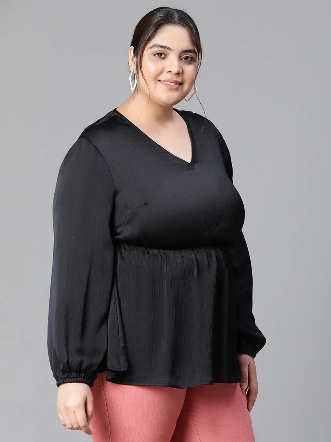 Polished Black V-neck Long Sleeve Plus Size Women Satin Loopy Top