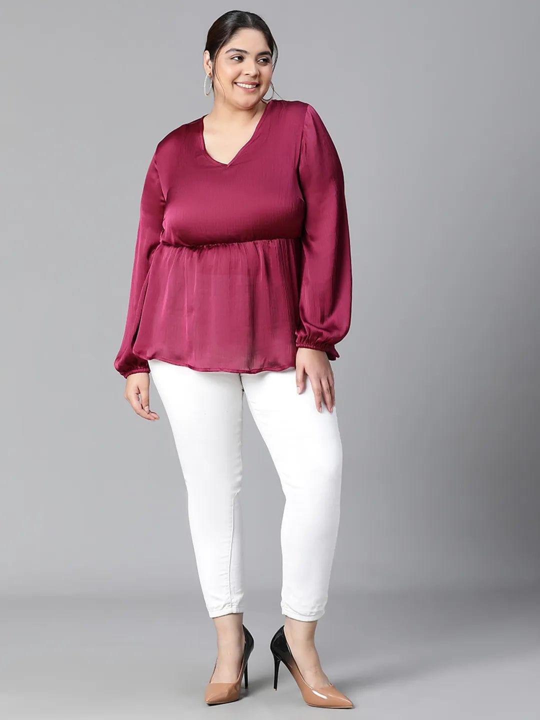 Fine Wine V-neck Long Sleeve Plus Size Women Satin Loopy Top