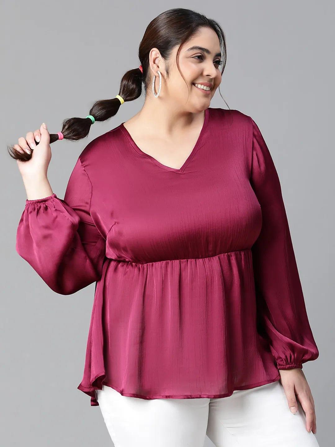 Fine Wine V-neck Long Sleeve Plus Size Women Satin Loopy Top