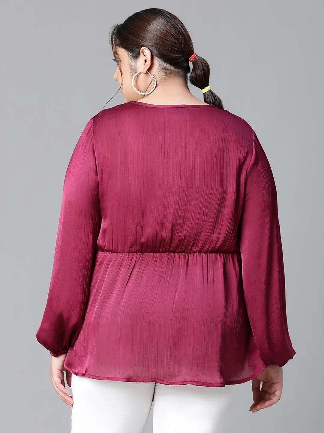 Fine Wine V-neck Long Sleeve Plus Size Women Satin Loopy Top