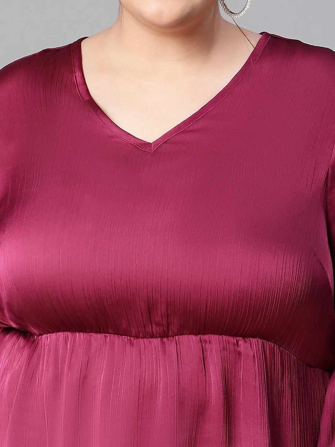 Fine Wine V-neck Long Sleeve Plus Size Women Satin Loopy Top