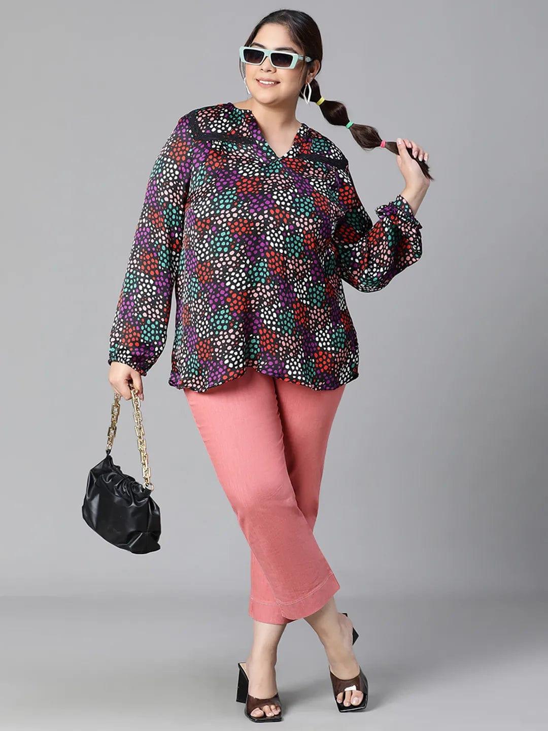 Brisky Black floral print long sleeve plus size women Loopy Top